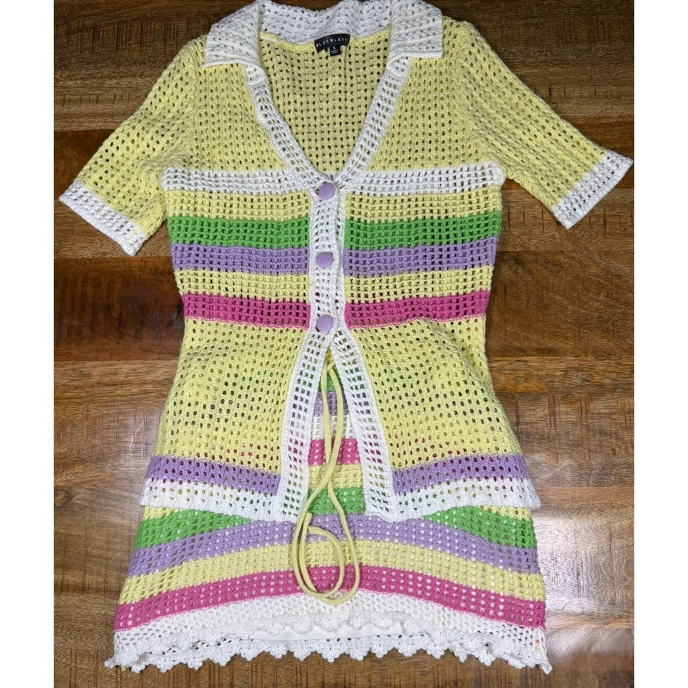 Blue Blush Crochet Knit Skirt Set Small Pastel Striped Y2K Beach Cottagecore